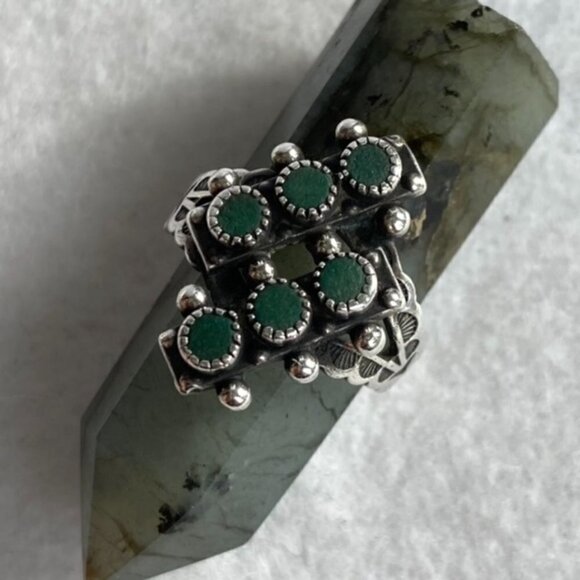 VTG Southwest Sterling Silver 925 Snake Eyes Petit Point Green Onyx Ring Sz 5.25 - Picture 5 of 16